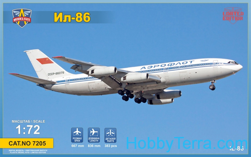 イリューシンIl-86「アエロフロート」旅客機。 1/72スケールの巨大モデルキット Modelsvit 7205 HobbyTerra.com